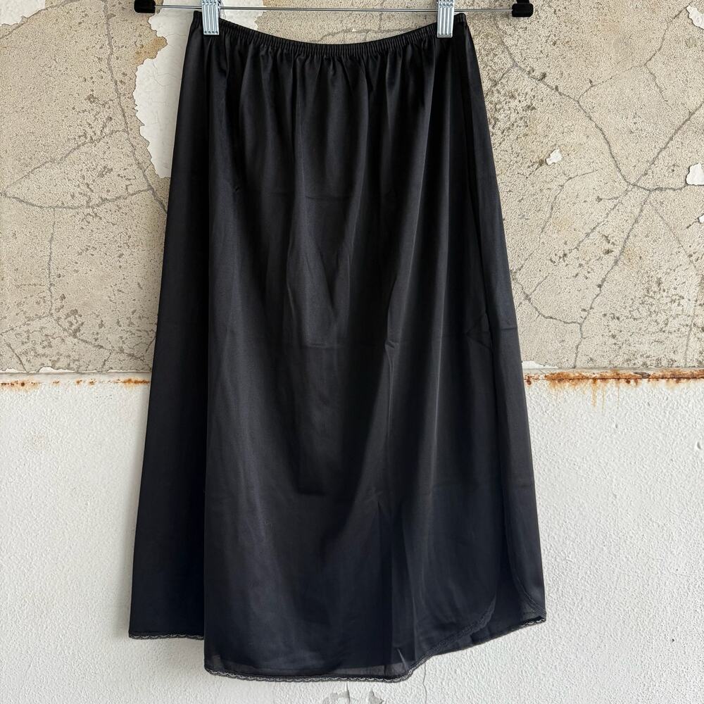 Vintage Black Nylon Half Slip Skirt Lace Trim Midi Length Underskirt Lingerie M - Picture 1 of 5